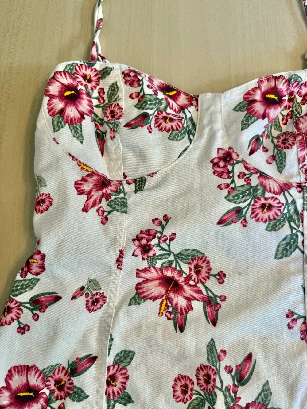 🌺 White Denim Bustier Hibiscus Floral Dress H&M Pink Flowers Large Sweetheart